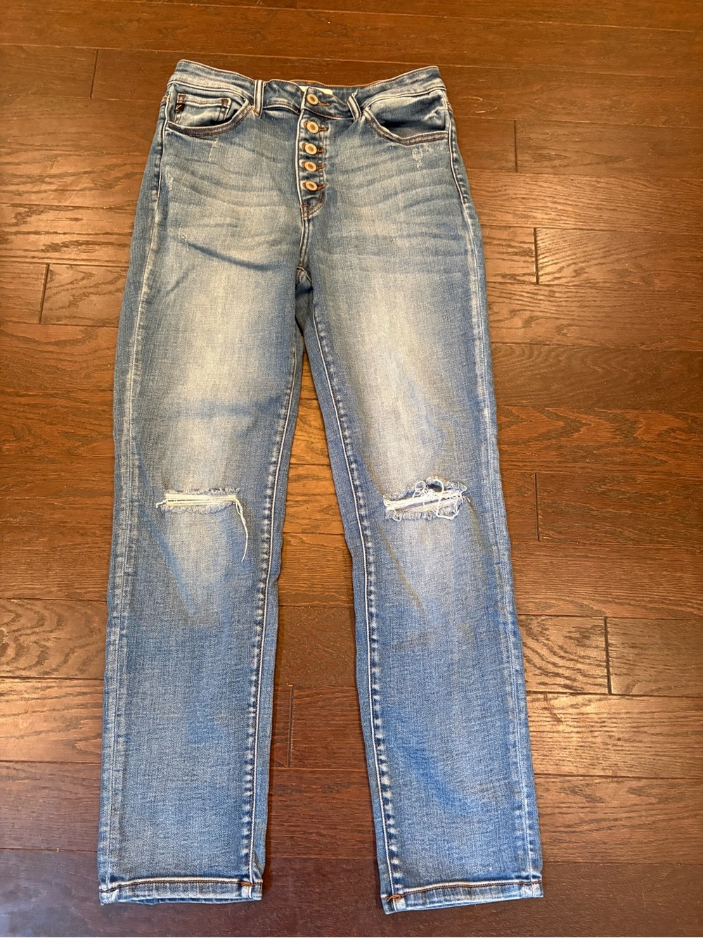 KanCan Medium Blue Button-Fly Distressed Skinny Jeans